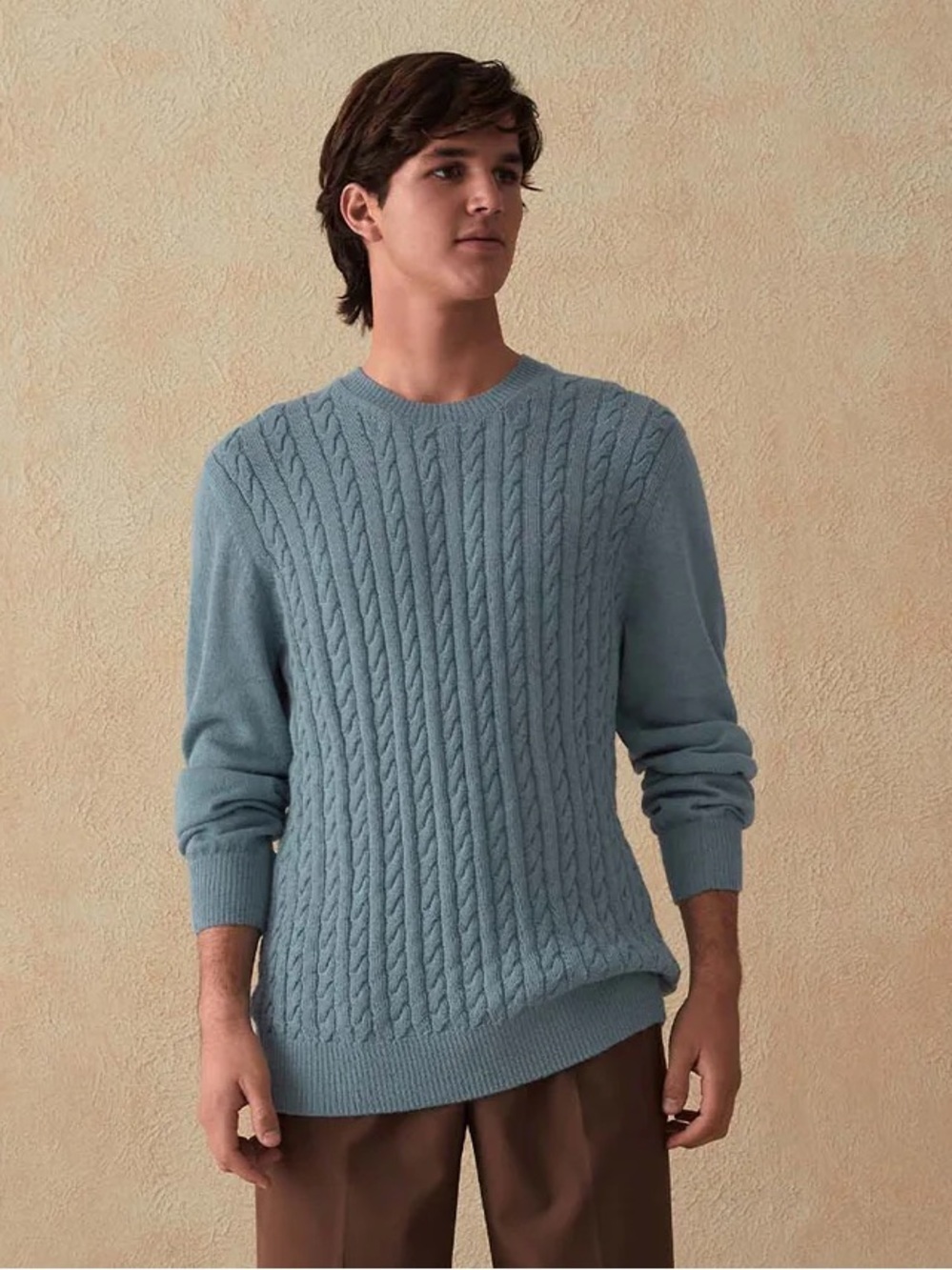 SOL Super Baby Alpaca Cable Knit Sweater Light Blue Made In Peru Mens Large